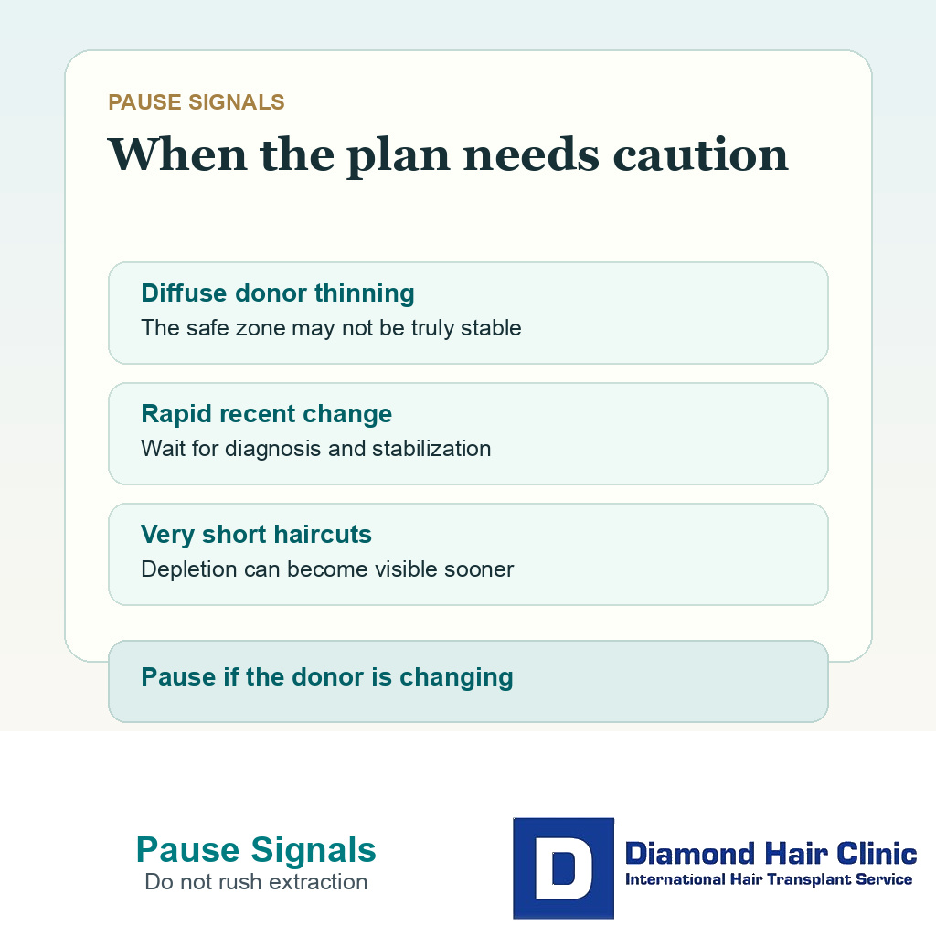 Information card showing donor miniaturization red flags that can pause or narrow hair transplant planning
