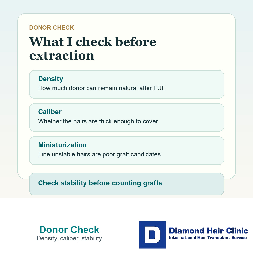 Information card showing density caliber miniaturization and safe zone border checks before donor harvesting