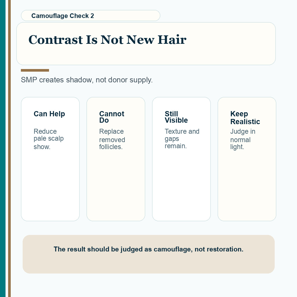 Support slide explaining that SMP changes contrast but does not add donor hair