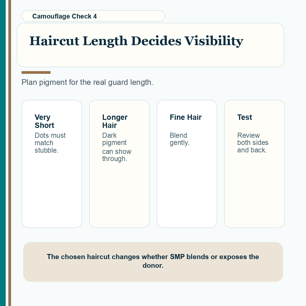 Support slide showing why haircut length changes donor area SMP visibility