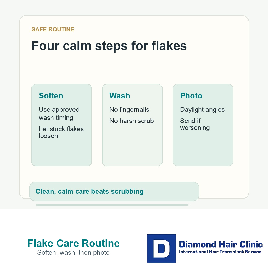 Dry scalp after FUE routine card showing soften wash rinse and photo steps