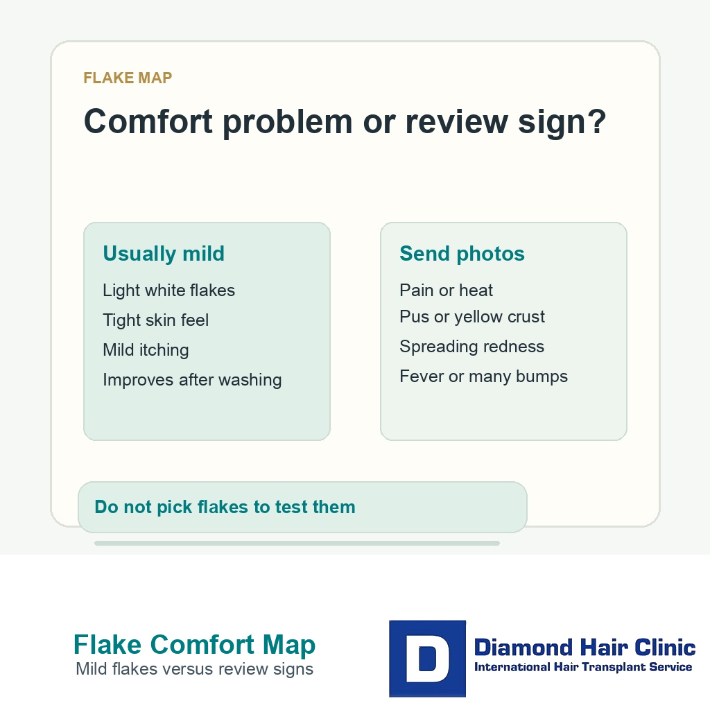 Dry scalp after FUE comfort map showing mild flakes versus warning signs