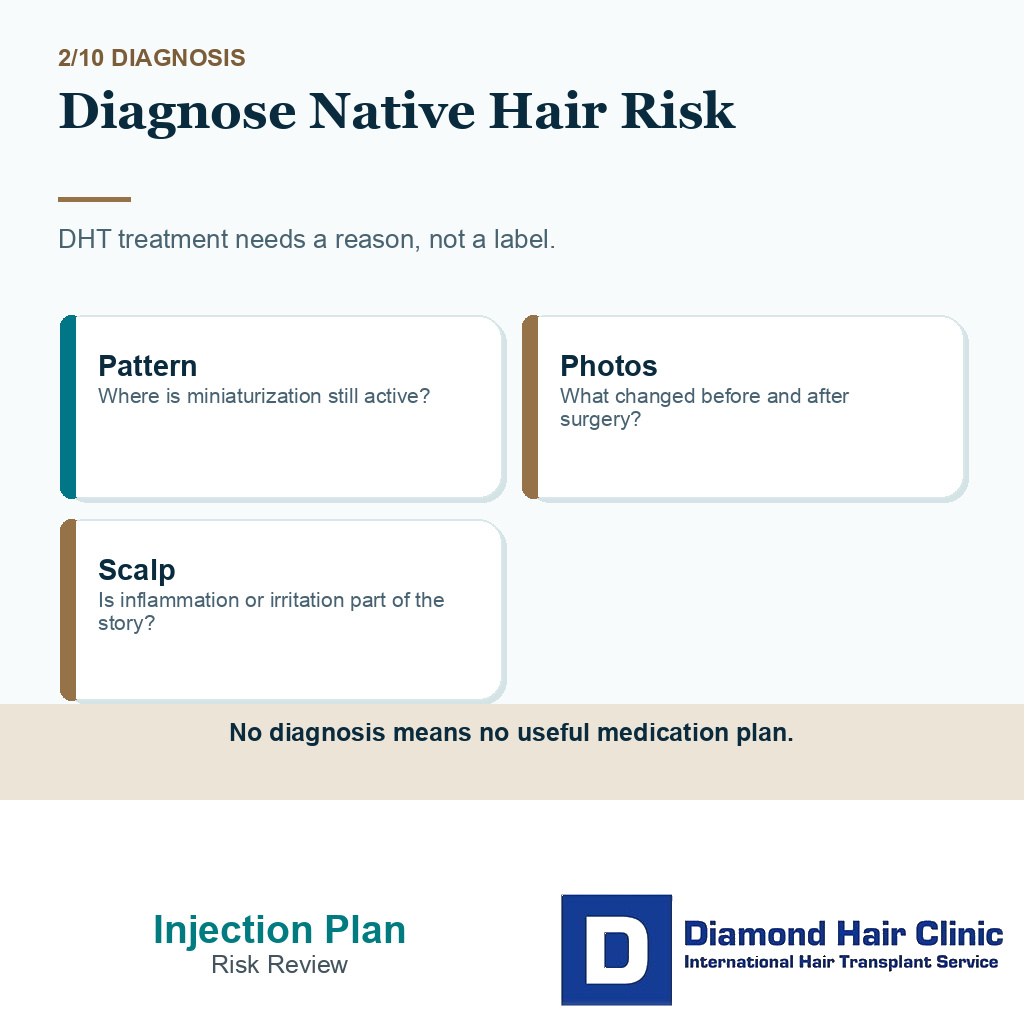 Dutasteride injections carousel slide 2 explaining native hair diagnosis before injections