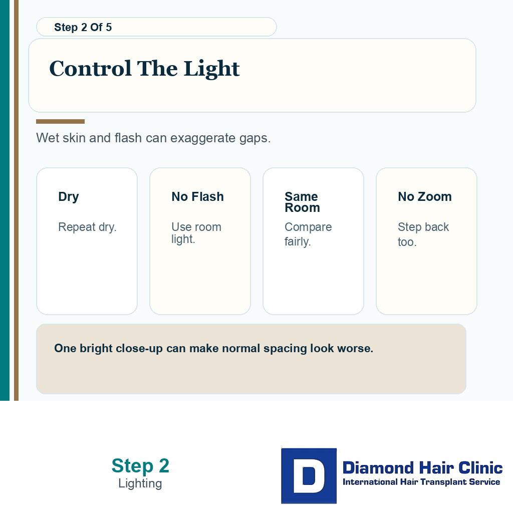 Carousel slide about lighting and wet hair effects in early hair transplant photos