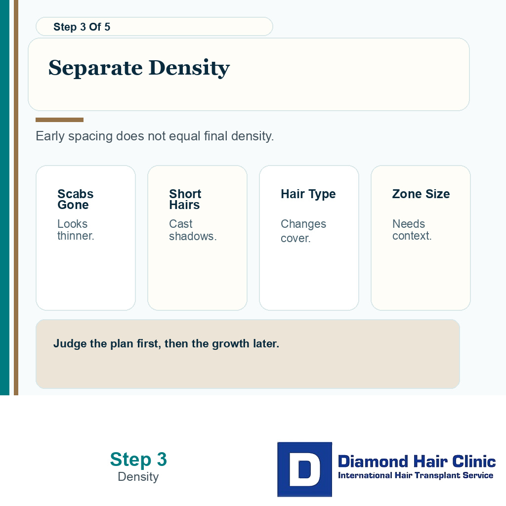 Carousel slide explaining early density visibility versus final hair transplant density