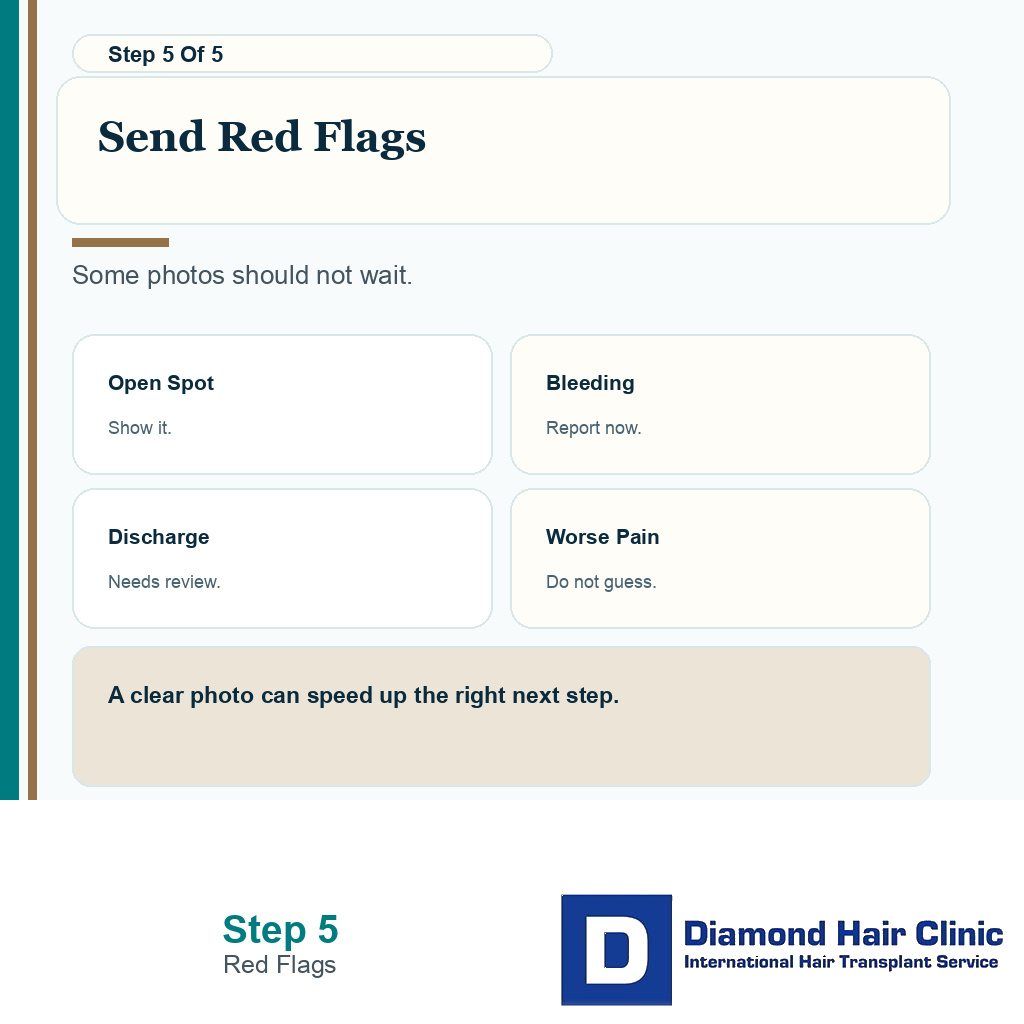 Carousel slide about red flags that need clinic review in early hair transplant recovery photos