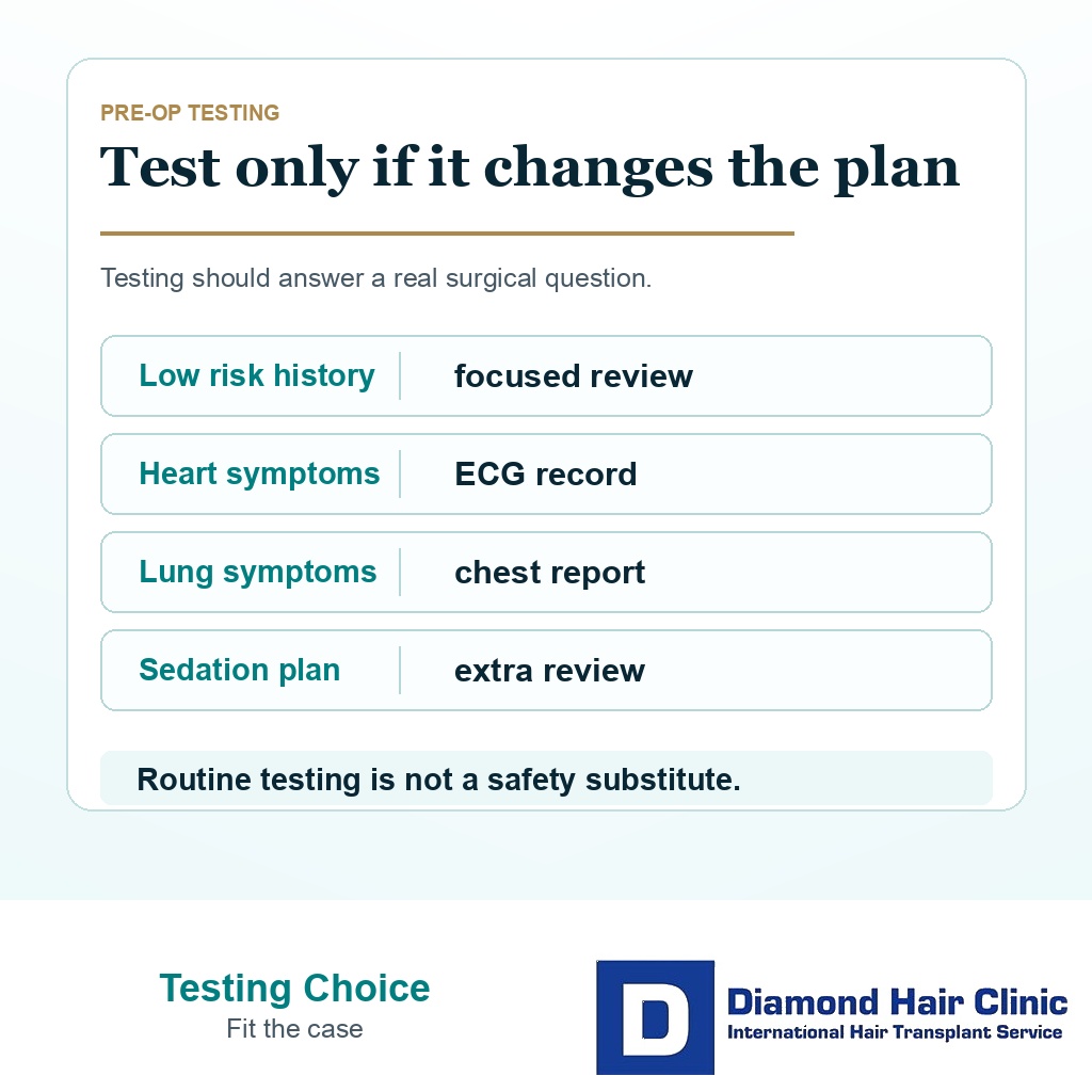 Support card explaining when ECG or chest X-ray testing may change a FUE plan
