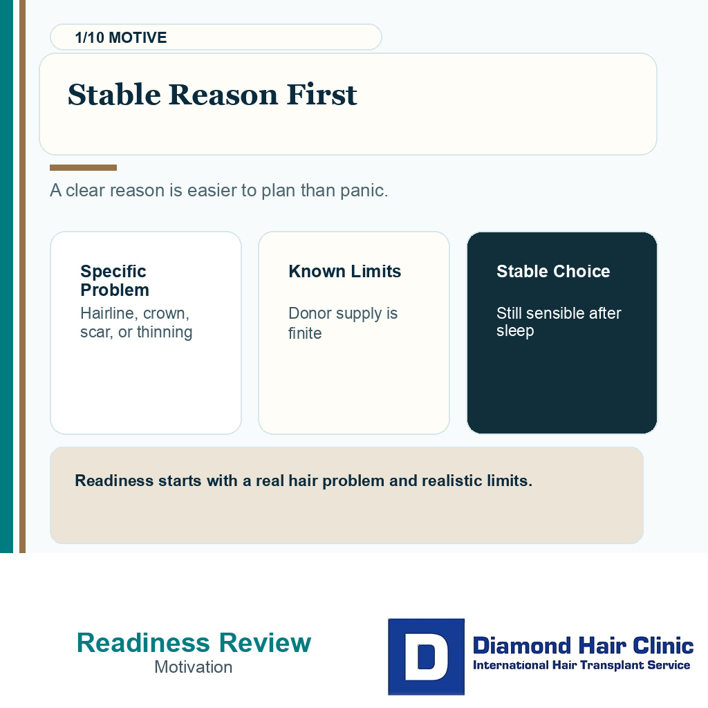 Hair transplant emotional readiness carousel slide 1 explaining stable reason first