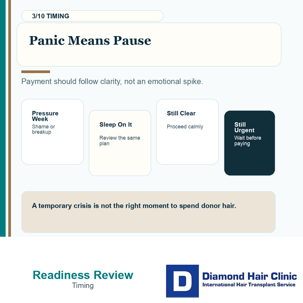 Hair transplant emotional readiness carousel slide 3 explaining panic means pause