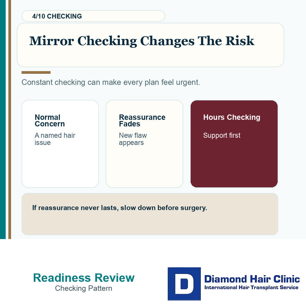 Hair transplant emotional readiness carousel slide 4 explaining mirror checking changes risk
