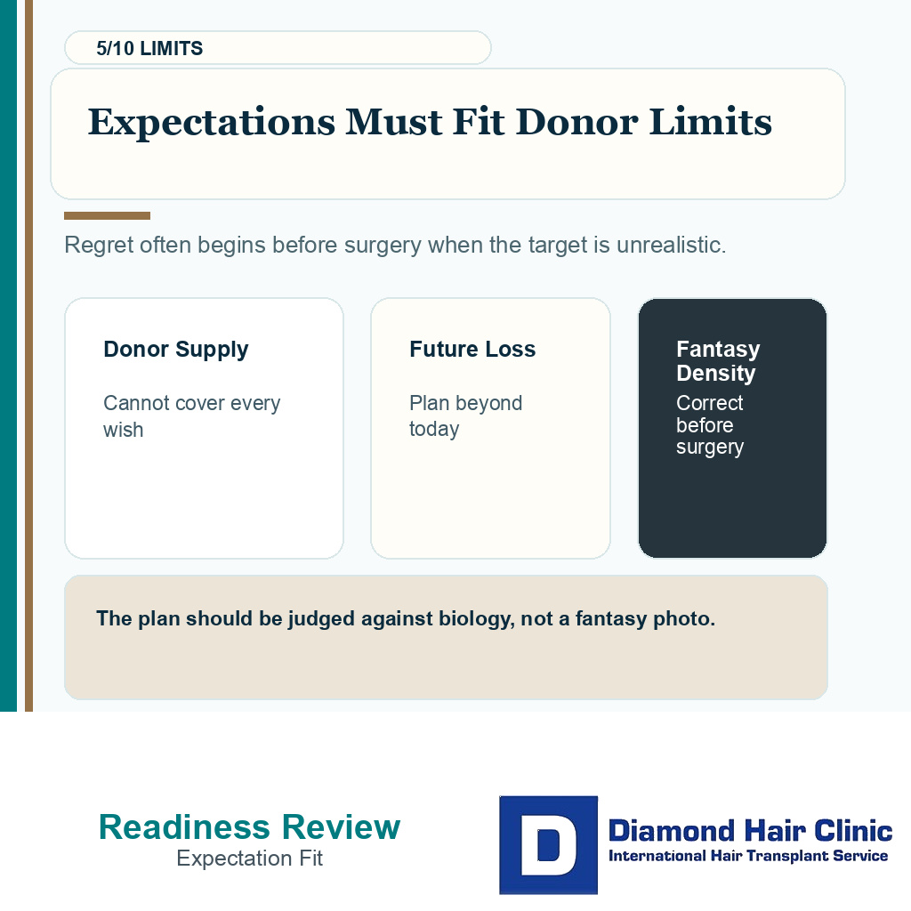 Hair transplant emotional readiness carousel slide 5 explaining expectations fit donor limits