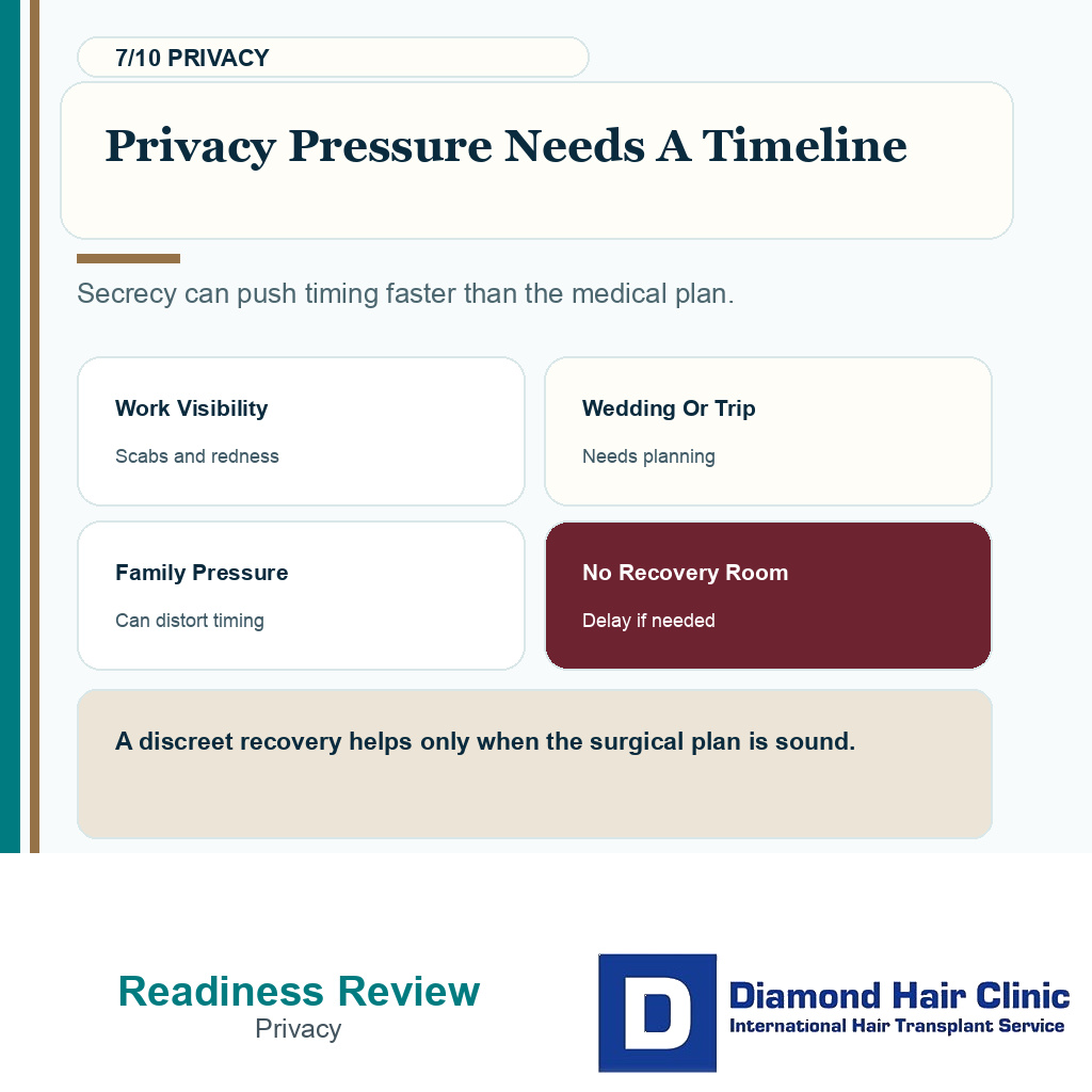 Hair transplant emotional readiness carousel slide 7 explaining privacy pressure needs timeline