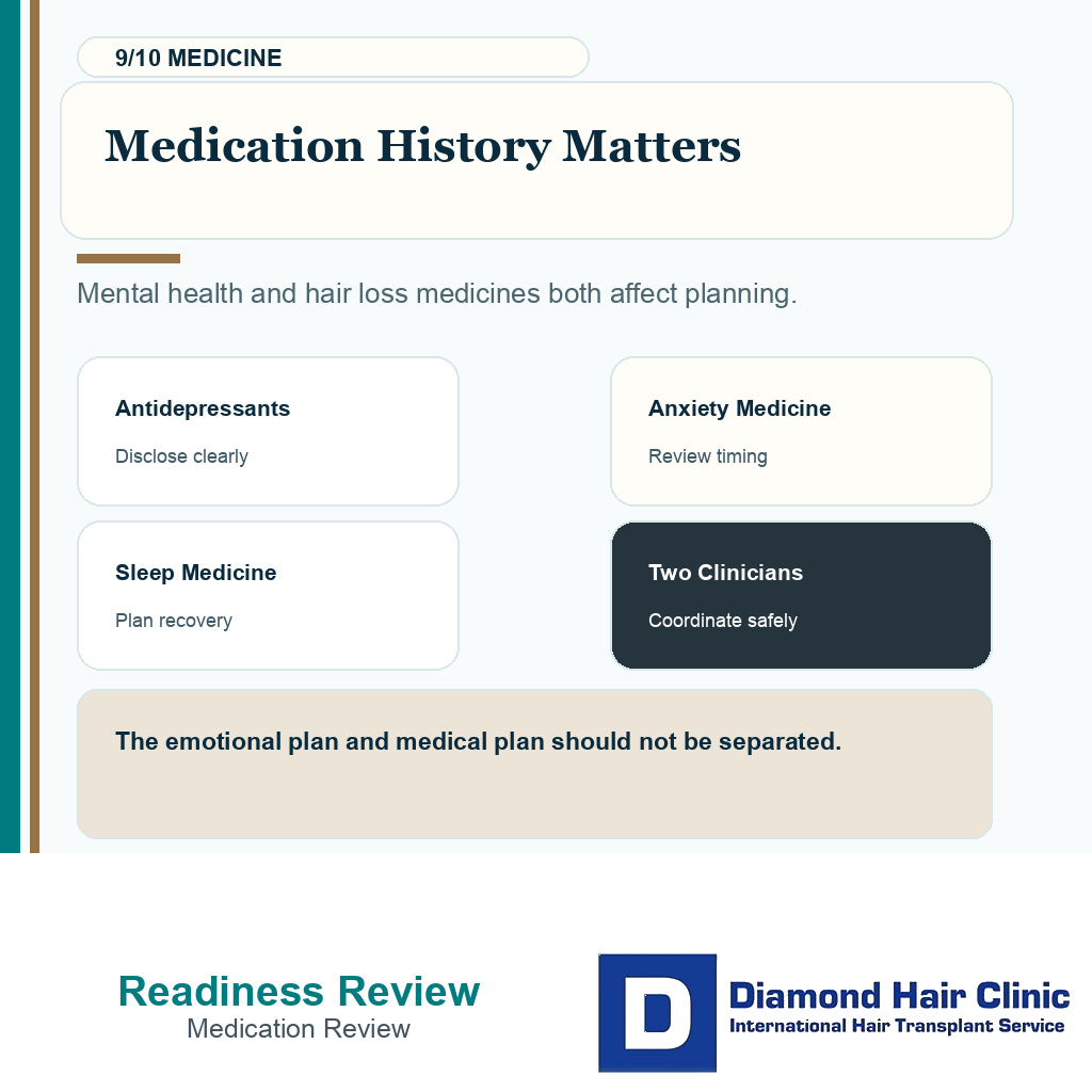 Hair transplant emotional readiness carousel slide 9 explaining medication history matters