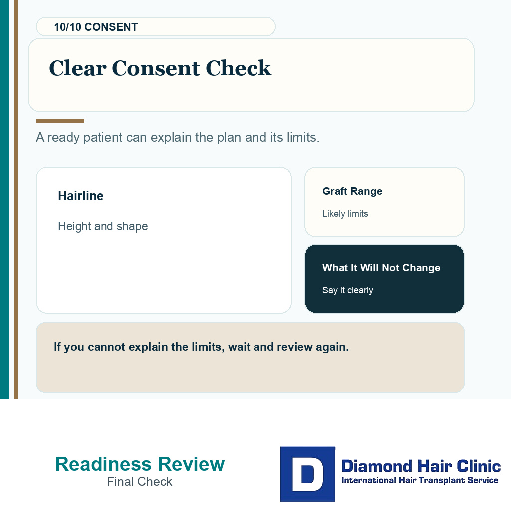 Hair transplant emotional readiness carousel slide 10 explaining clear consent check