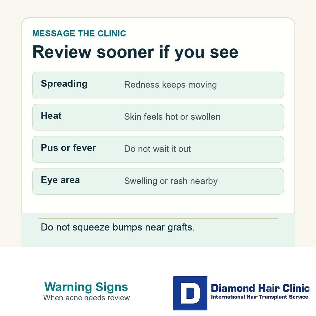 Information card listing warning signs for facial acne after hair transplant including spreading redness heat pus fever and eye swelling