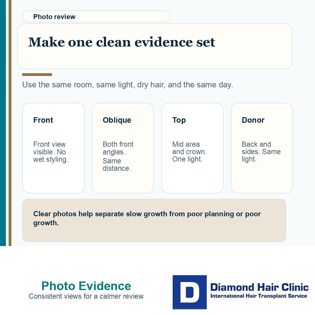 Support visual showing which consistent photo views help review possible hair transplant failure without panic checking.