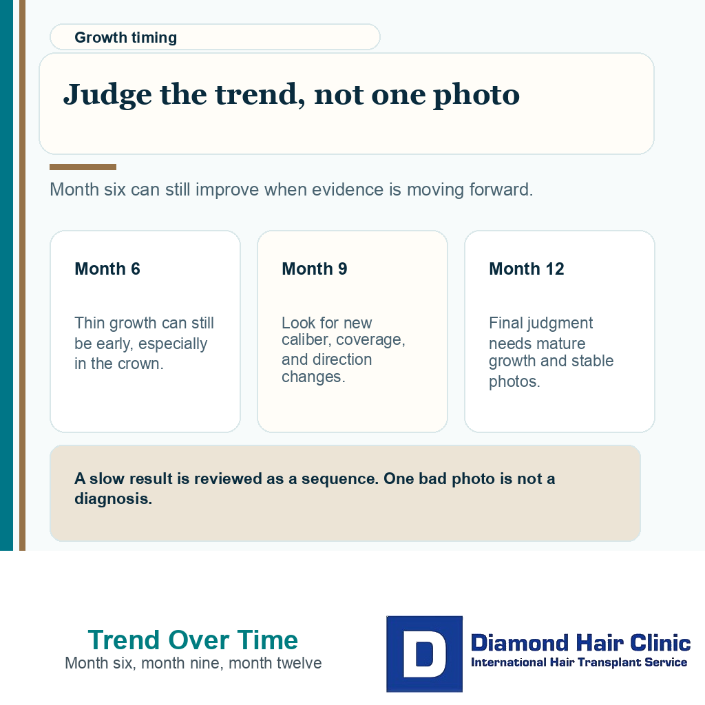 Support visual explaining how to judge hair transplant growth by comparing month six, month nine, and month twelve photos.
