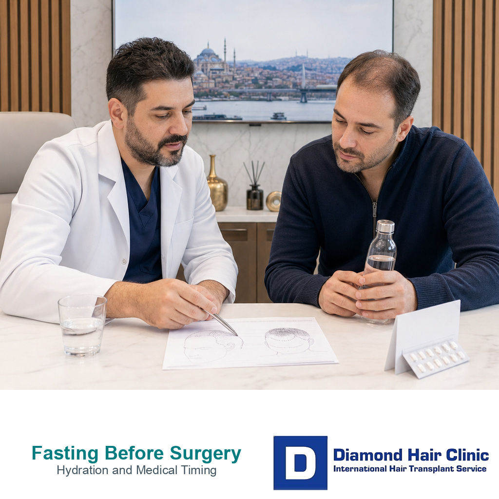 Surgeon reviewing fasting hydration and medication timing before hair transplant