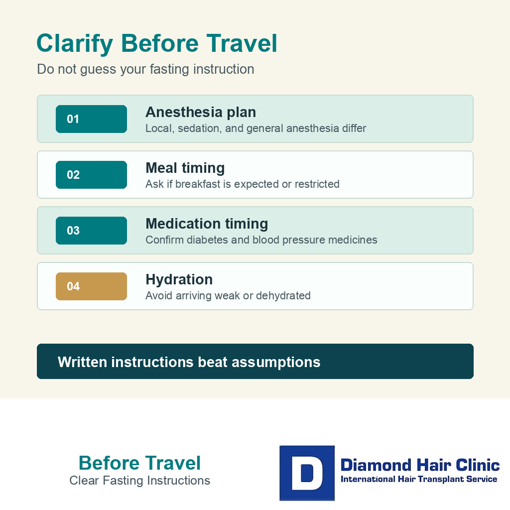 Information card listing anesthesia meal timing medicine timing and hydration before hair transplant