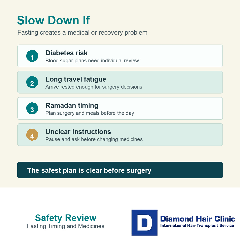 Information card listing diabetes travel fatigue Ramadan timing and unclear instructions before hair transplant