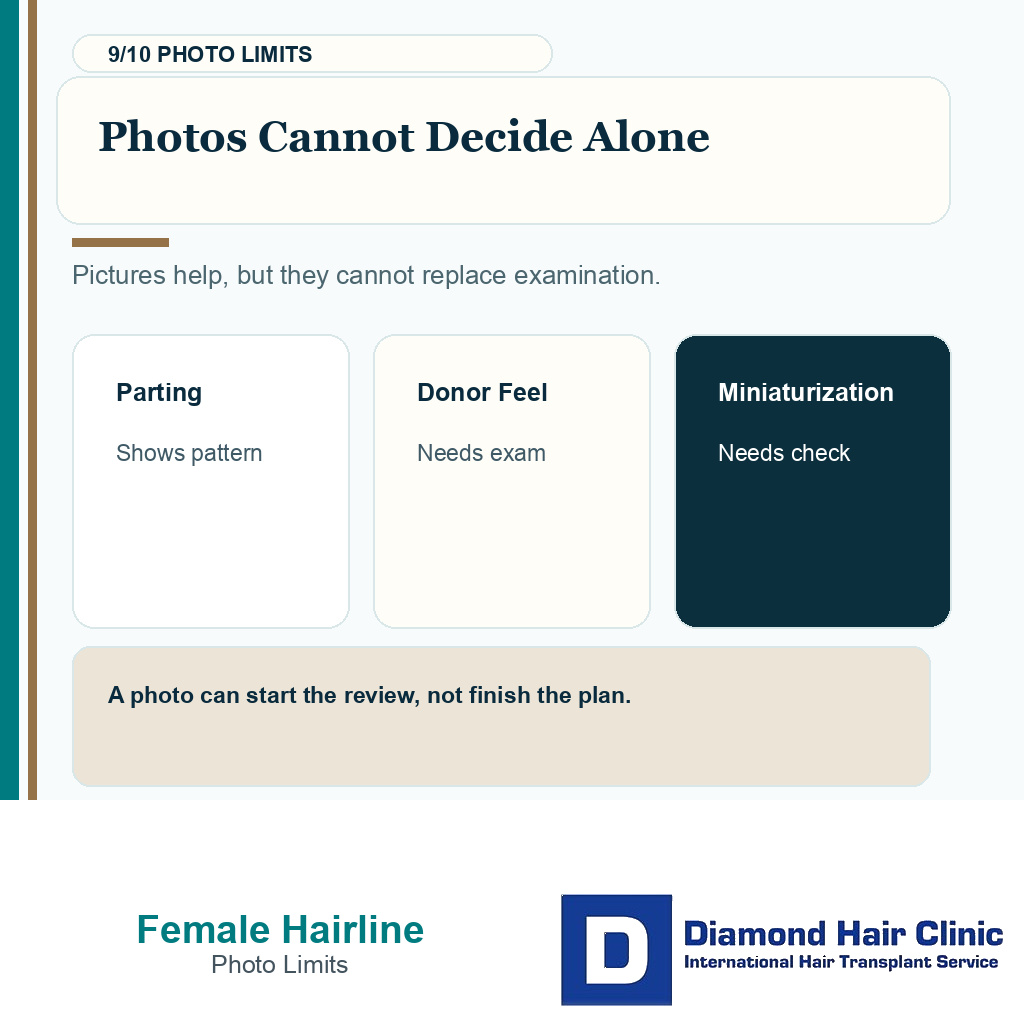 Female hairline carousel slide 9 explaining photos cannot decide alone