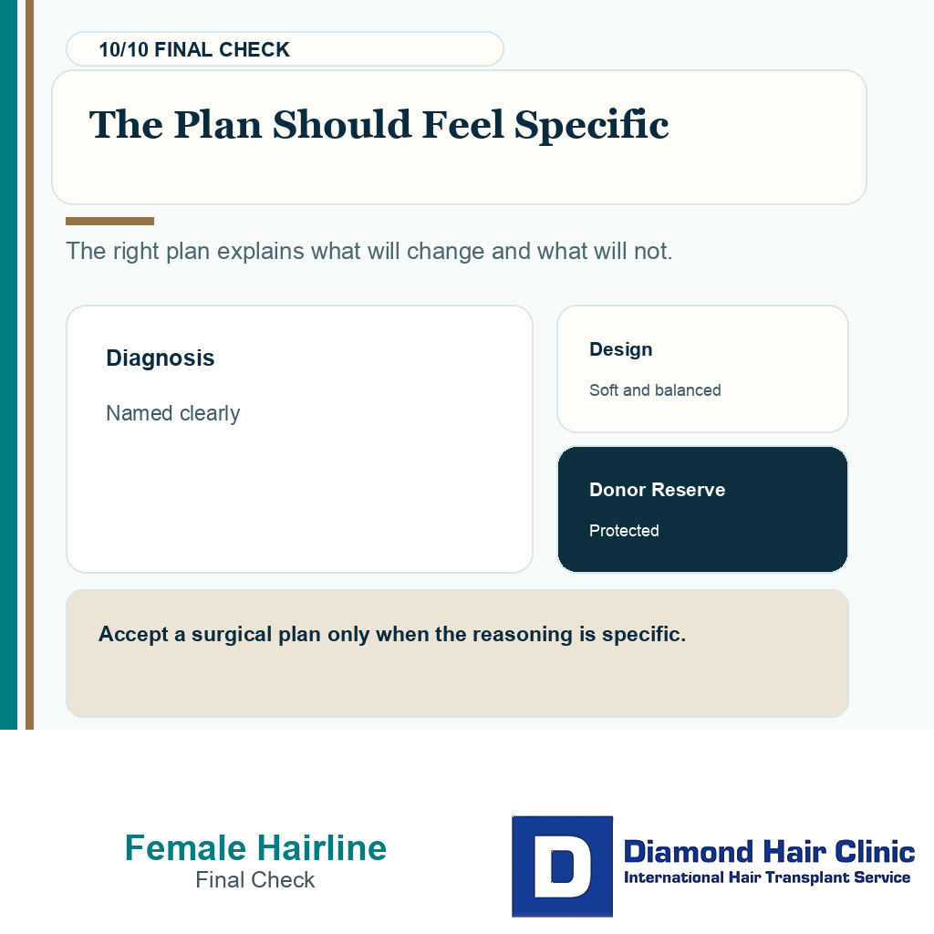 Female hairline carousel slide 10 explaining the plan should feel specific