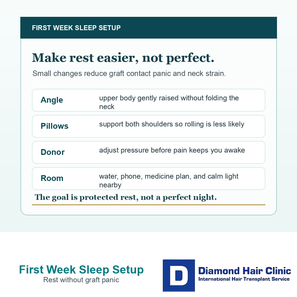 First week sleep setup card showing elevation pillows donor pressure and room preparation after FUE