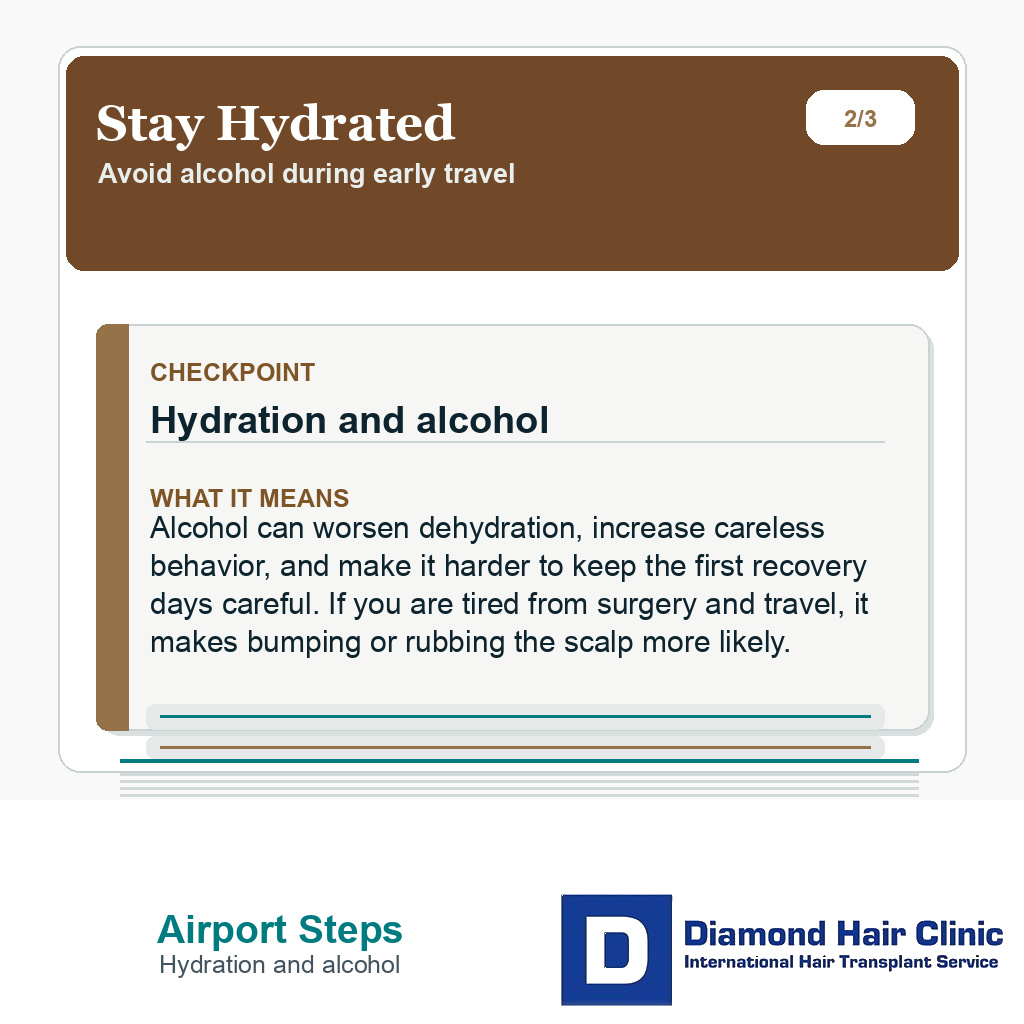 Airport after hair transplant slide explaining hydration and alcohol risk during early travel