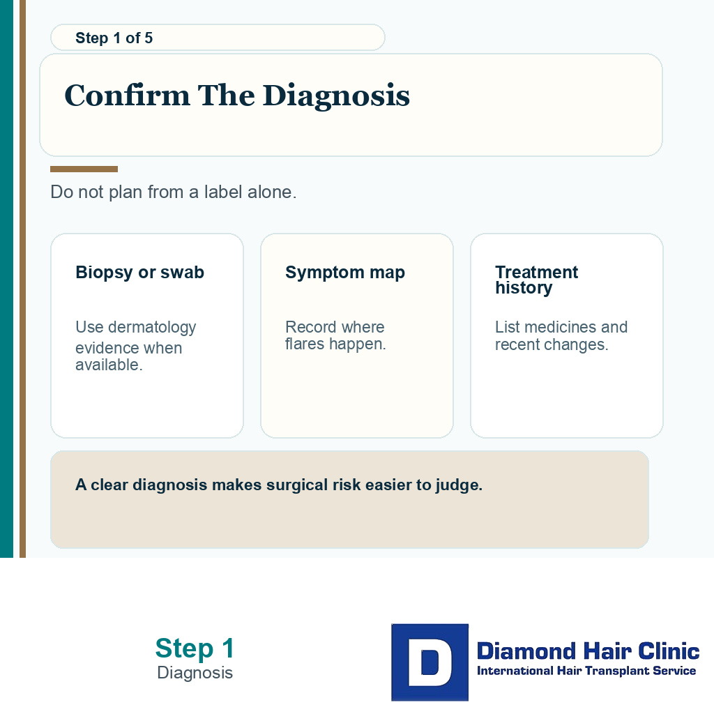 Carousel slide showing diagnosis confirmation before hair transplant planning with folliculitis decalvans