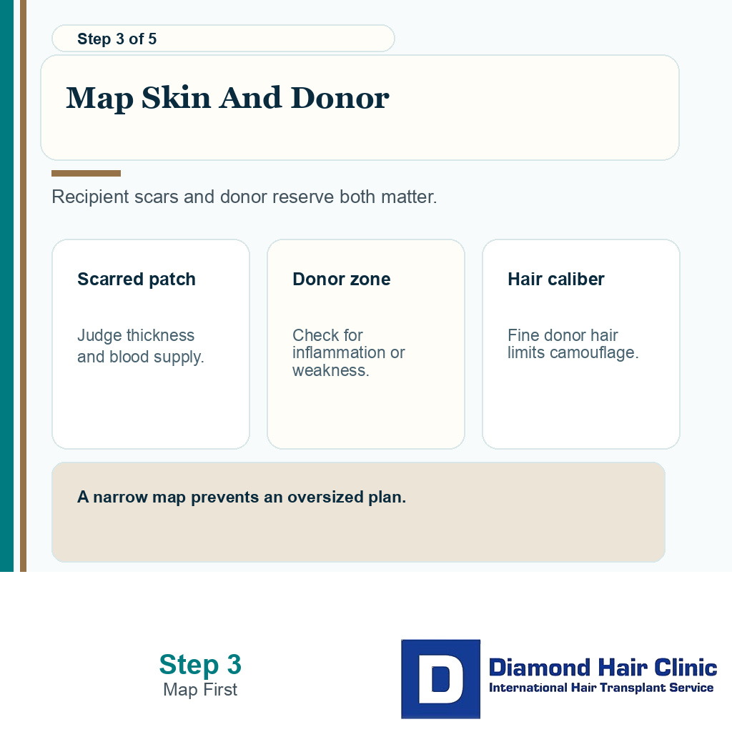 Carousel slide showing scarred recipient skin and donor safety mapping before FUE