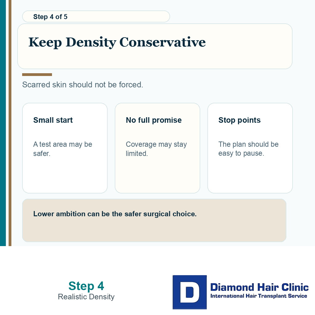 Carousel slide showing conservative graft density planning for folliculitis decalvans
