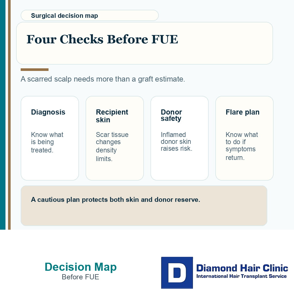 Planning map for folliculitis decalvans hair transplant showing diagnosis stability donor safety and flare plan