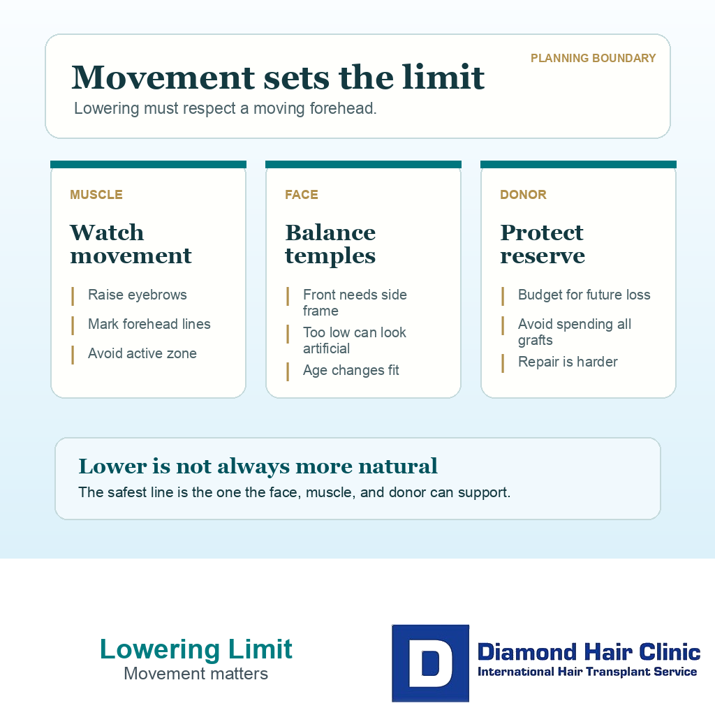Support card explaining how forehead movement, temple balance, and donor reserve set the safe limit for hairline lowering.