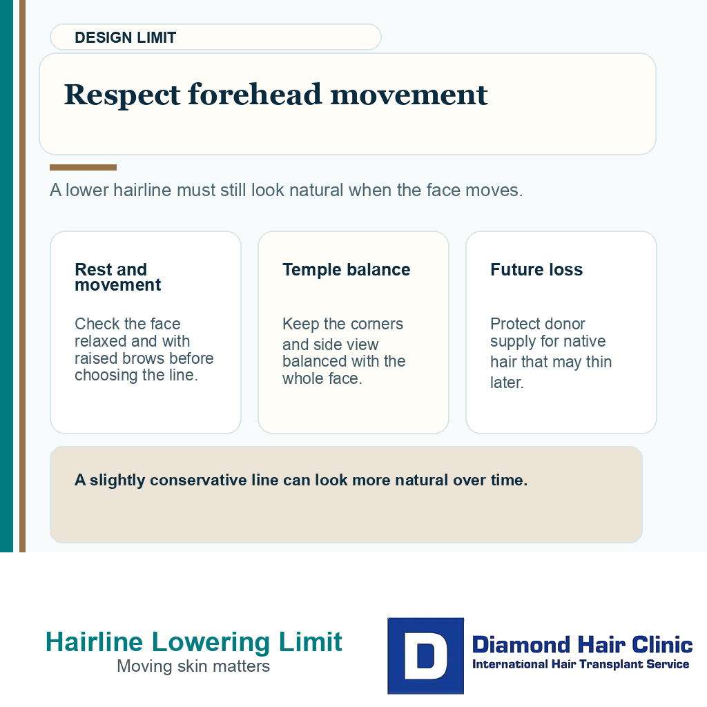 Support card explaining why FUE hairline lowering should respect forehead movement, temple shape, and future hair loss planning.