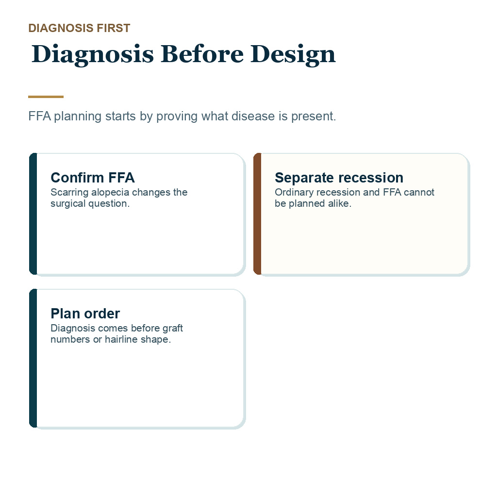 Slide 1 in a Diamond Hair Clinic carousel about FFA hair transplant planning and diagnosis before design