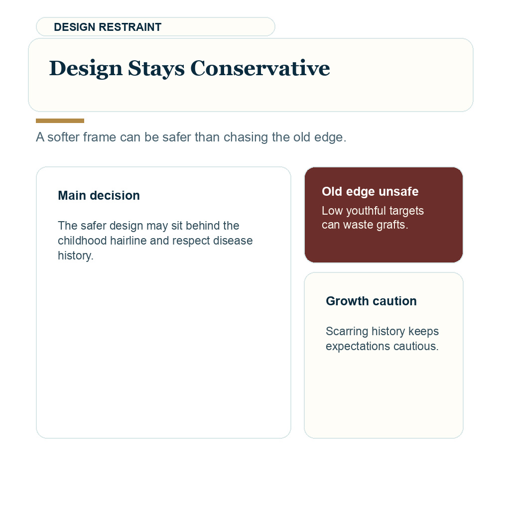 Slide 5 in a Diamond Hair Clinic carousel about conservative hairline design for FFA patients