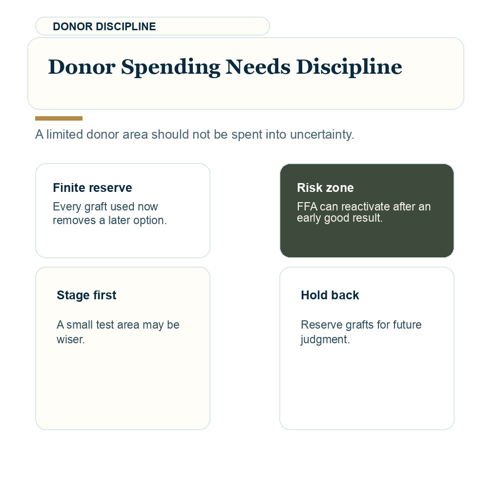 Slide 7 in a Diamond Hair Clinic carousel about disciplined donor use for FFA hair transplant planning