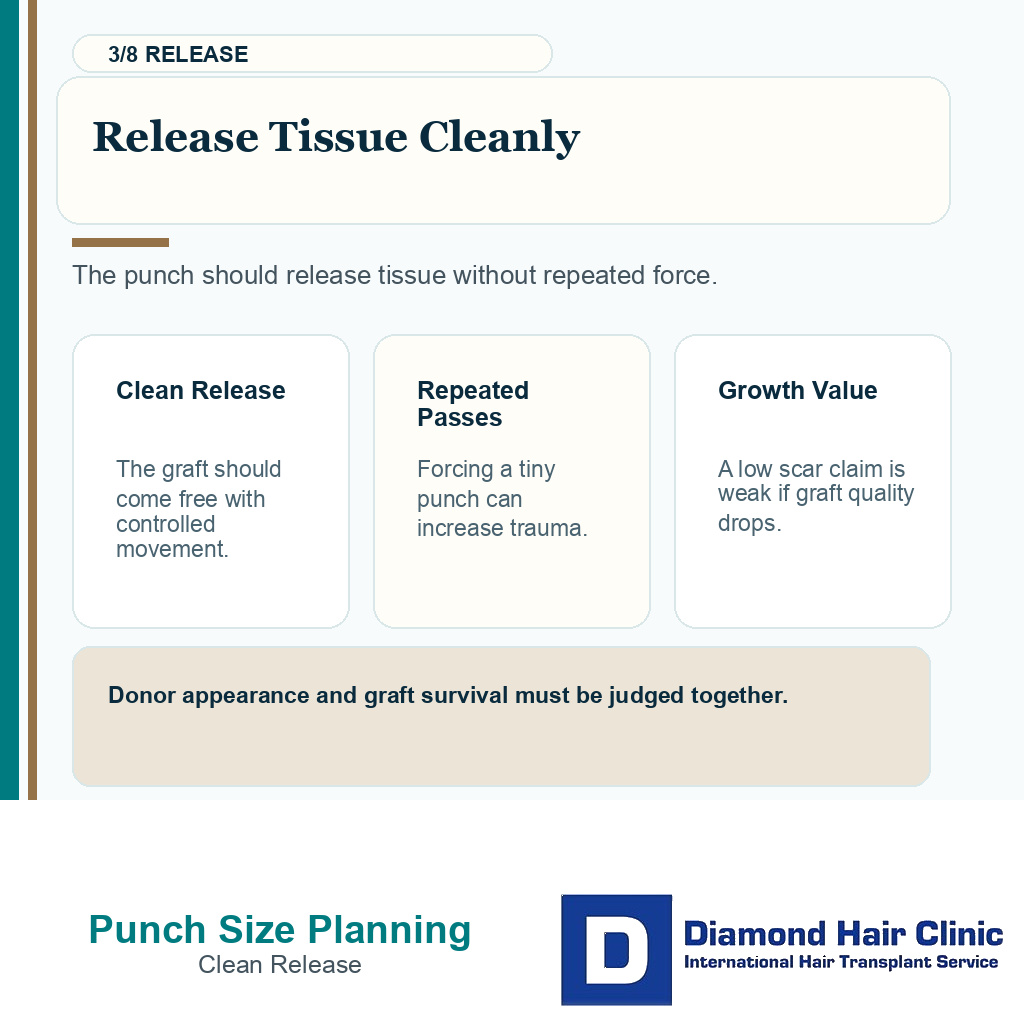 FUE punch size carousel slide 3 explaining release tissue cleanly