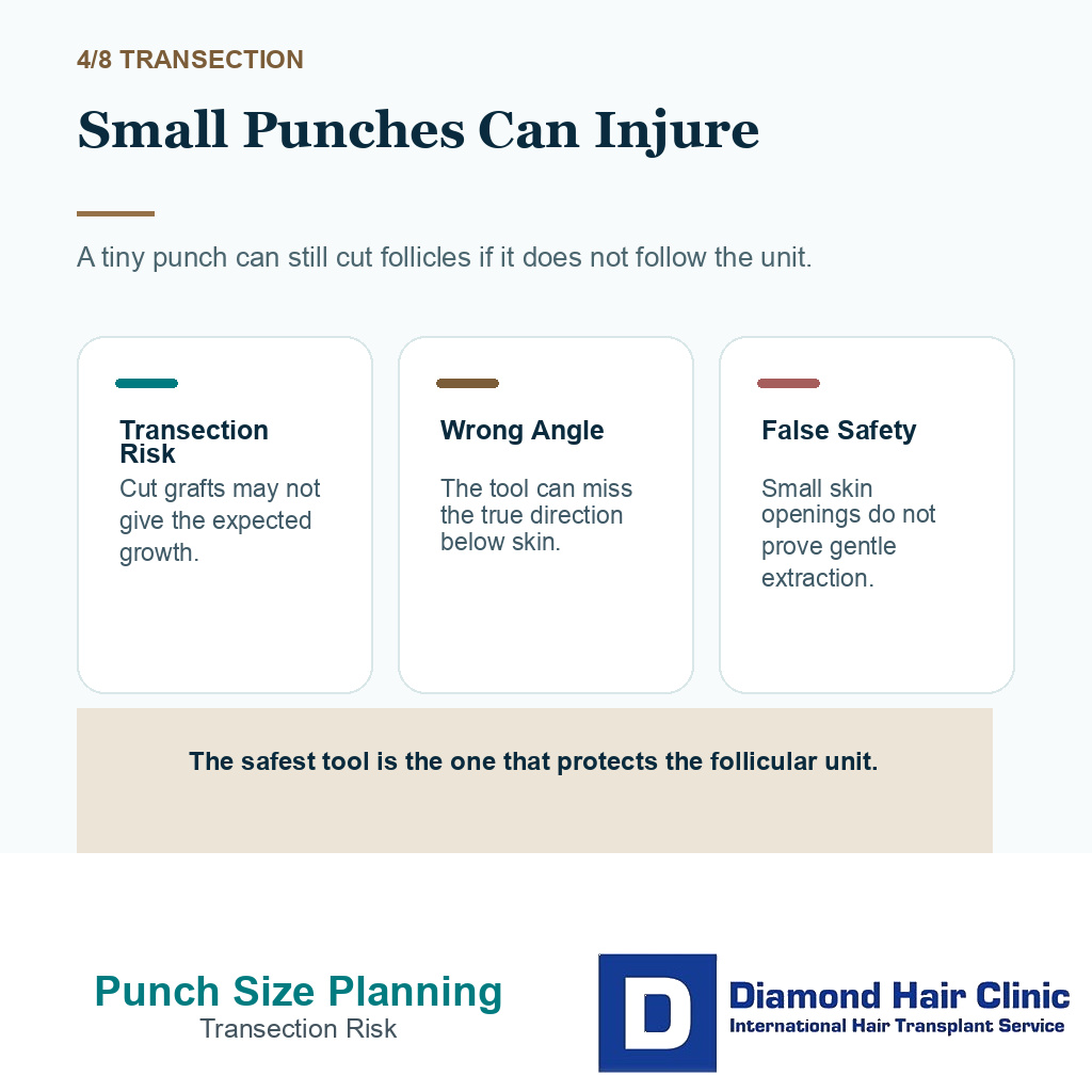 FUE punch size carousel slide 4 explaining small punches can injure