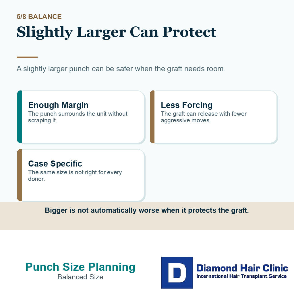 FUE punch size carousel slide 5 explaining slightly larger can protect