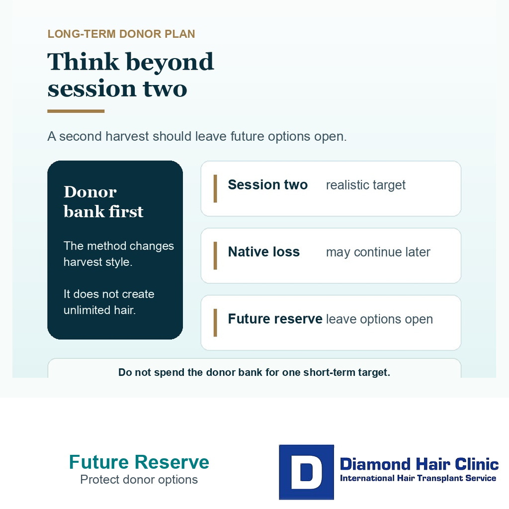 Support card explaining why FUT after FUE planning should protect future donor reserve
