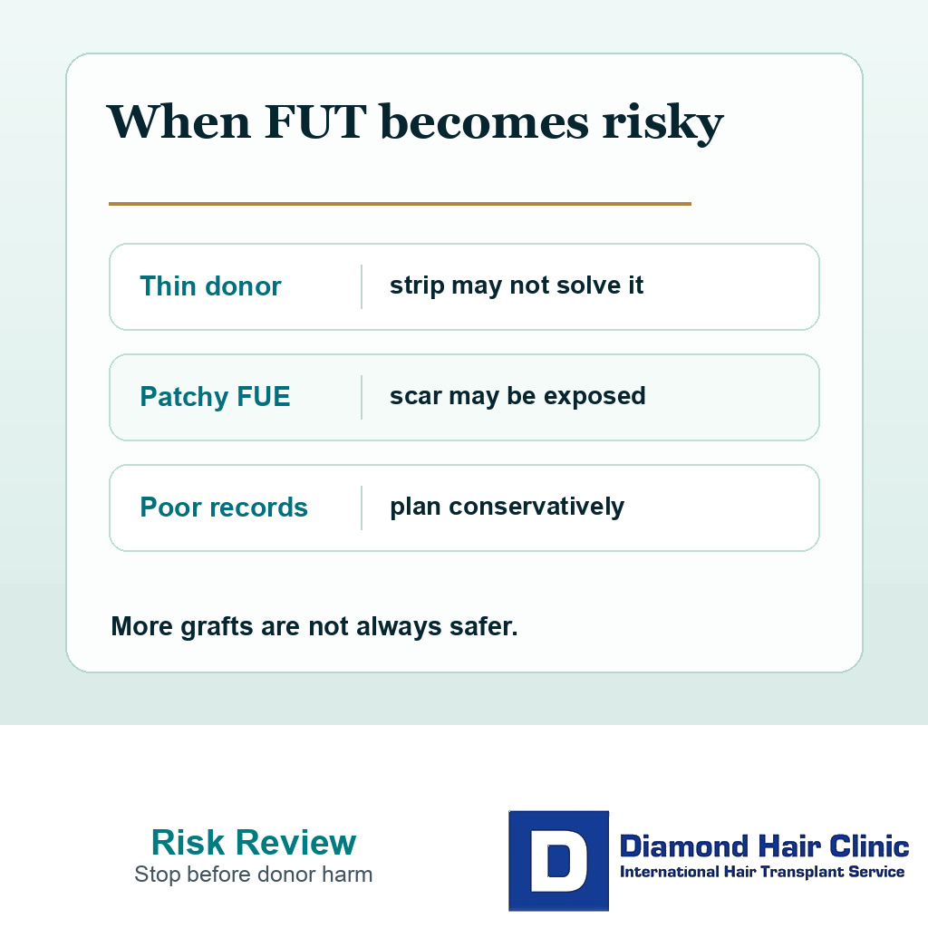 Information card showing when thin donor, patchy FUE, or poor records make FUT after FUE risky