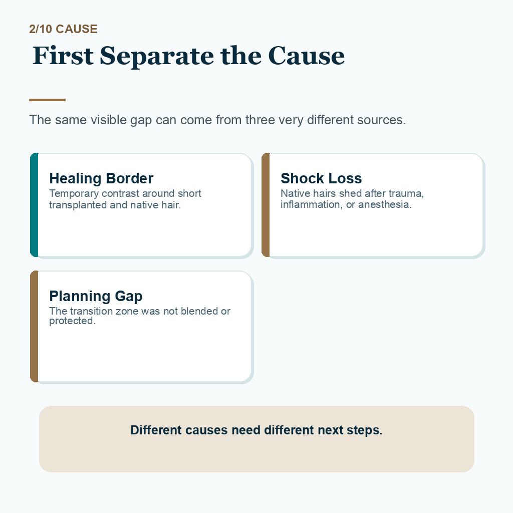 Gap between transplanted and native hair carousel slide 2 explaining first separate the cause