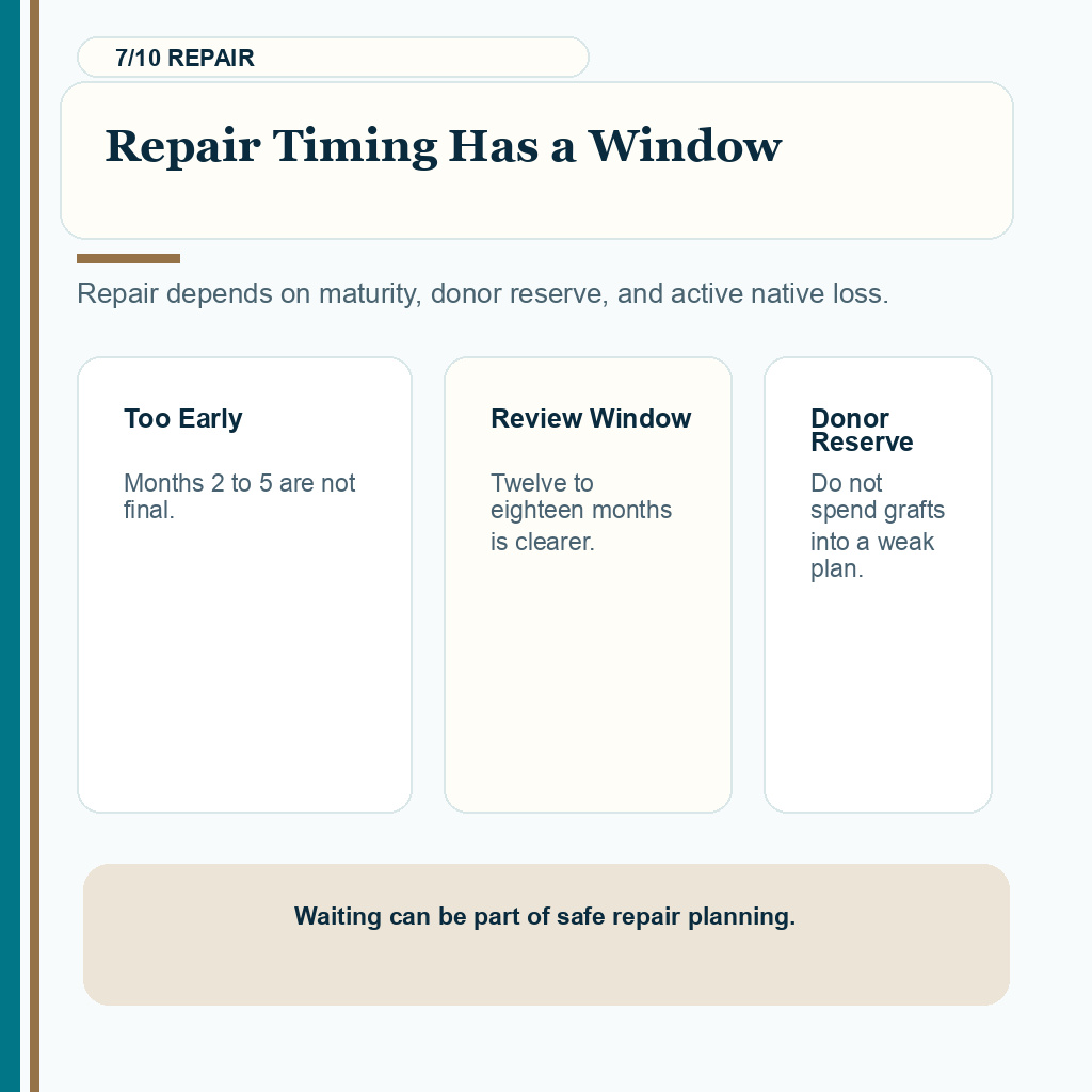 Gap between transplanted and native hair carousel slide 7 explaining repair timing has a window
