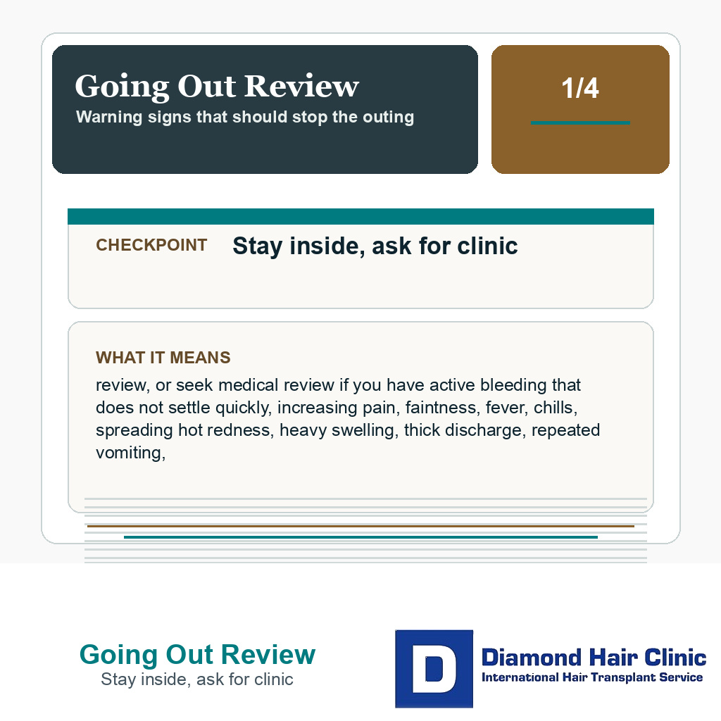 Going Out Review carousel slide about stay inside, ask for clinic