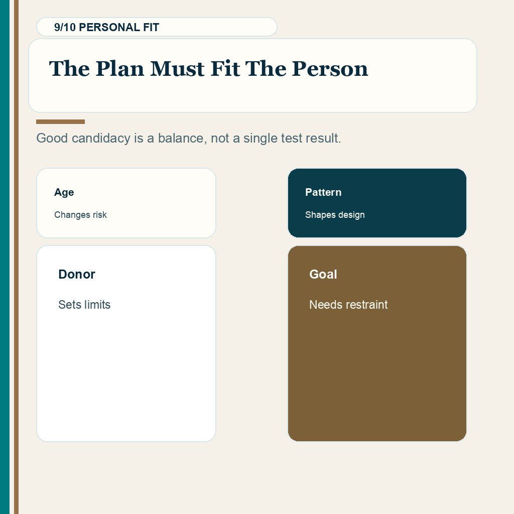 Good hair transplant candidate slide 9 explaining the plan must fit the person