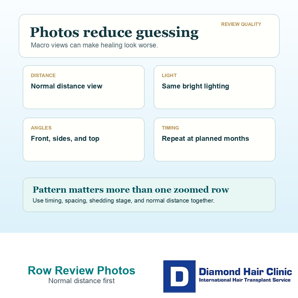 Support card showing which photos and videos help review visible graft rows after FUE without relying only on macro images.