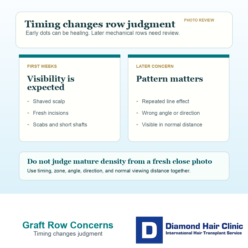 Support card comparing early visible graft rows from healing with later mechanical row concerns that need structured review.