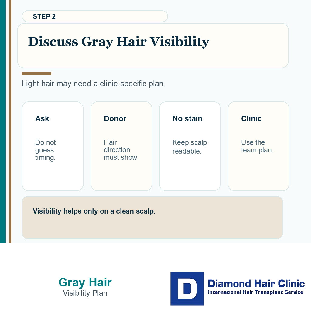 Hair dye before FUE slide asking patients to review gray hair visibility with the clinic