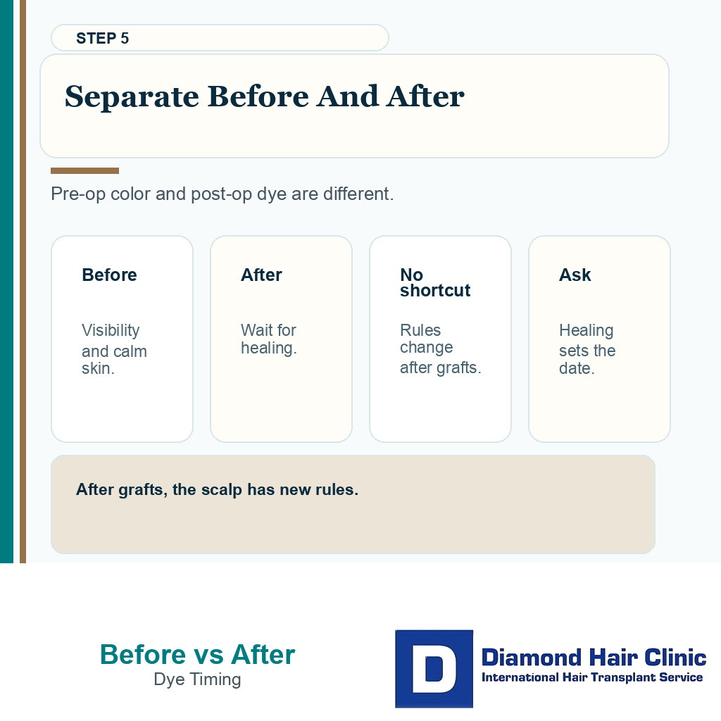 Hair dye before FUE slide separating pre-op color timing from post-op dye timing